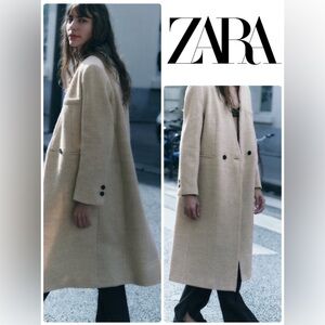 ZARA COLLARLESS MANTECO 100% WOOL COAT ZW COLLECTION SIZE S